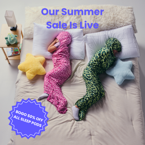 Kid in pink sleep pod and another kid in camo sleep pod laying in bed -  badge that says "BOGO 50% OFF ALL SLEEP PODS" and "OUR SUMMER SALE IS LIVE"