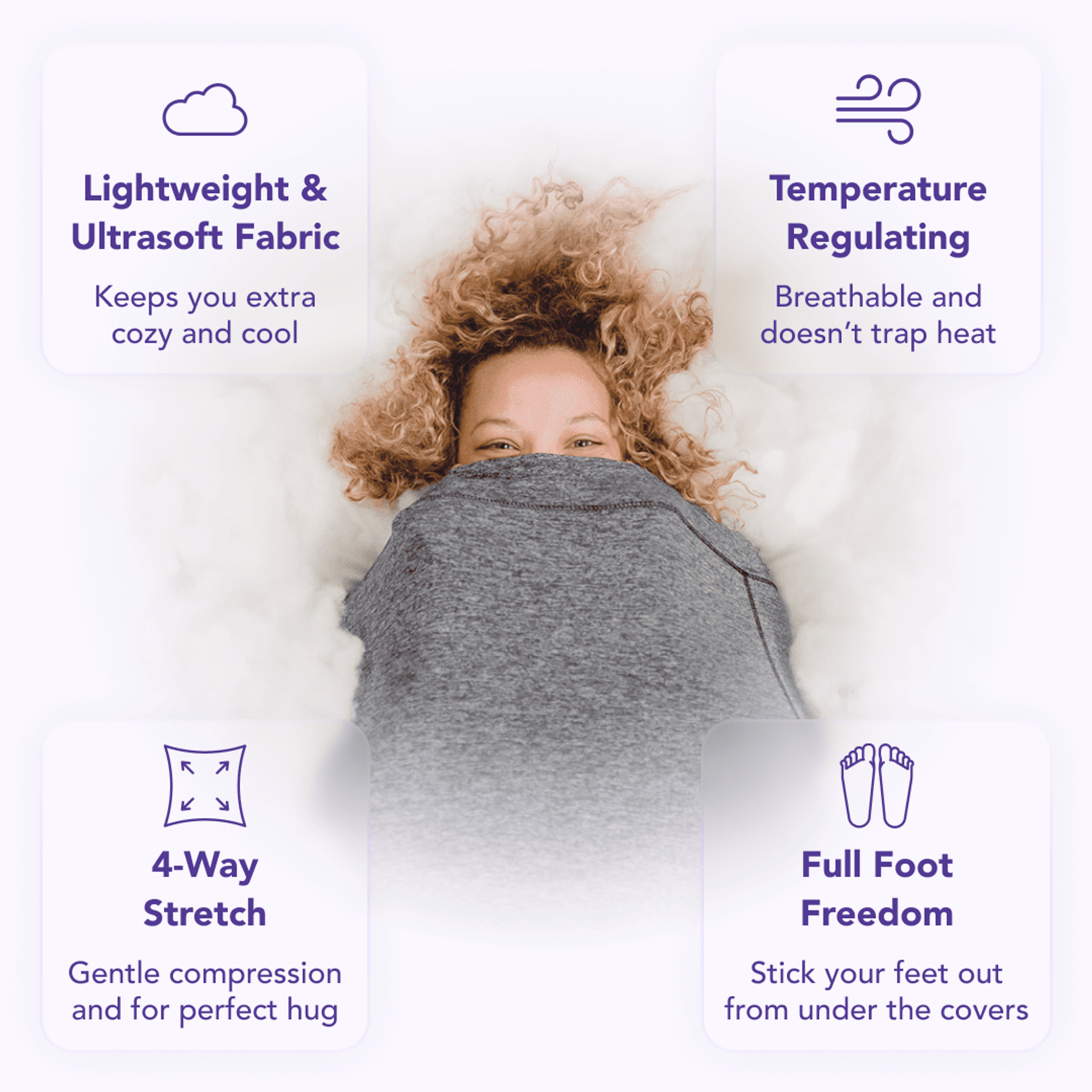 man in sleep pod in bed - Play wait an ultrasound fabric. Keep you extra cozy and cool. Temperature regulating. Breathable and doesn't trap heat. Four-way stretch. Gentle compression for the perfect hug. Full foot freedom. Stick your feet out from under the covers.